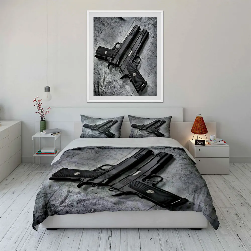 Black pistols placed side by side Print Soft Comfortable Duvet Cover Bedding Set Included 1*Duvet Cover  2*Pillowcases