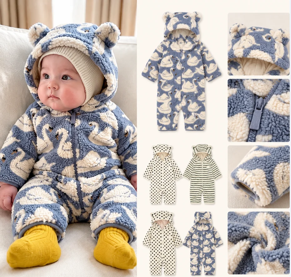Baby One-Piece Coat 2026 Winter New Swan Fashion Fleece Thickening Warm Baby Climbing Clothes Pure Cotton Hooded Cotton Clothes
