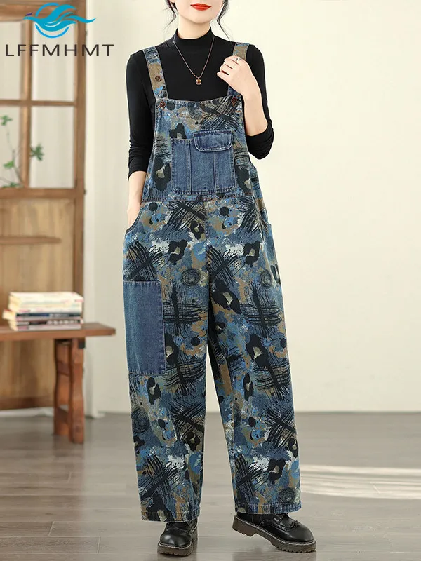 

Creative Camouflage Denim Suspender Jeans for Women Spring Summer Fashion Good Quality Wide Leg Loose Casual Streetwear Trouser
