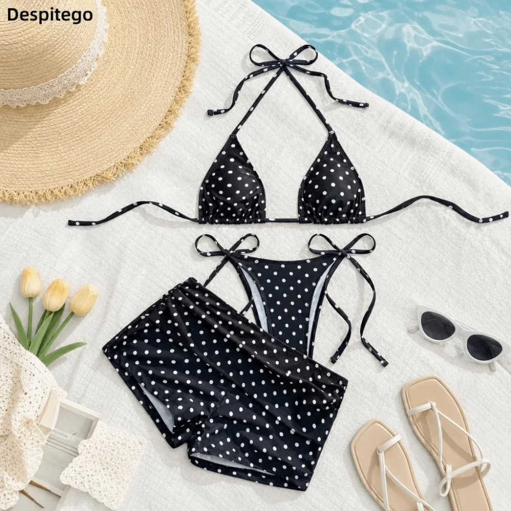 

3pcs Fashion Halter 3-Piece Swimwear Deep V Dot Print Bikinis Set Slim Fit Lace Up Bathing Suits Swimming