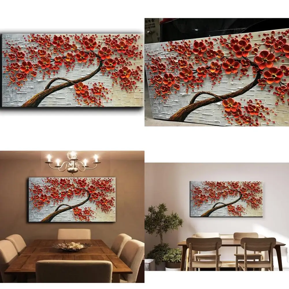 

Hand-Painted Oil Painting on Canvas with Textured Palette Knife, Modern Red Flower Art for Home Decor Wall Hanging