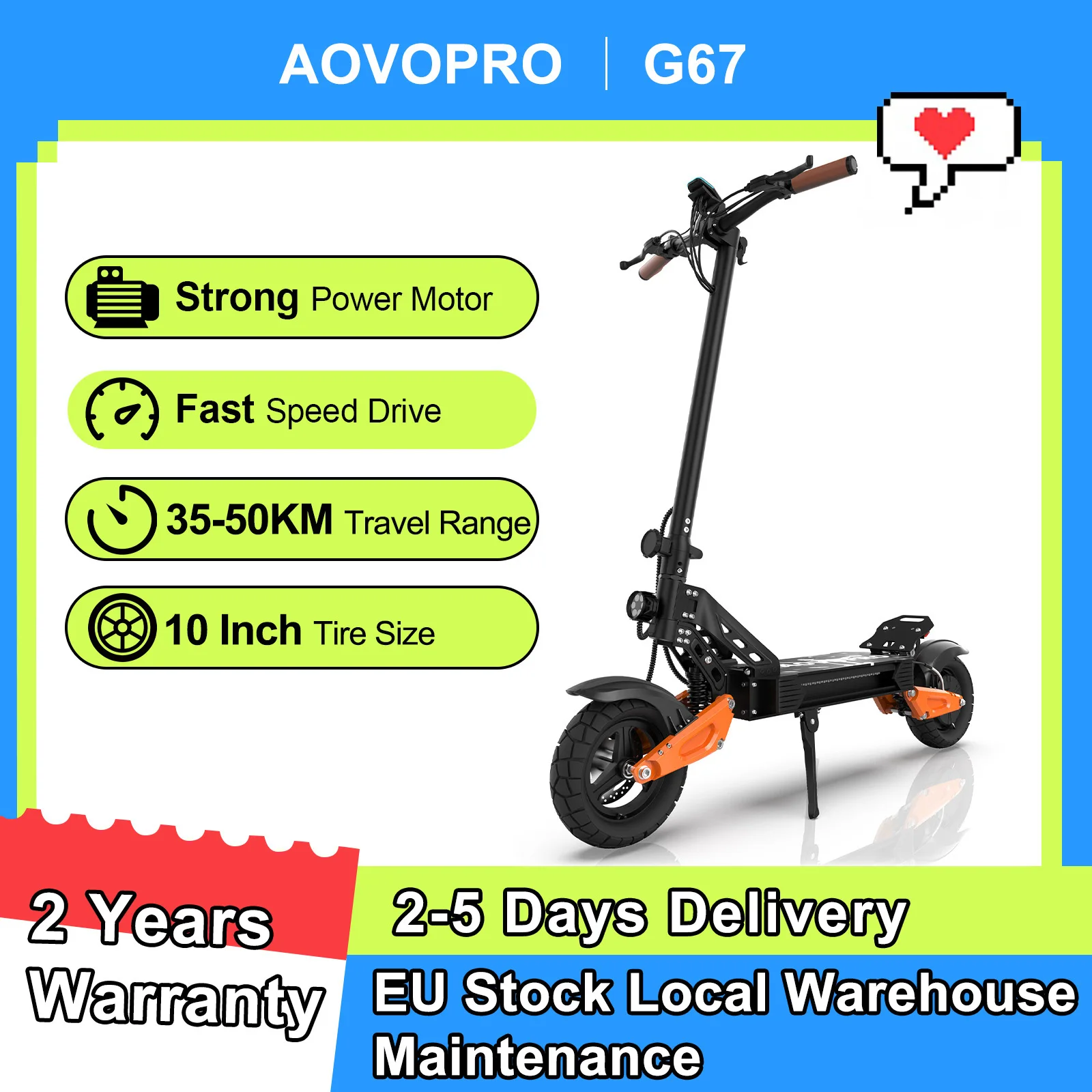 AOVOPRO G67 Max Torque Hochleistungs-Elektroroller 48V13,5AH Akkukapazität 35-50KM Reichweite Offroad-Elektroroller 10-Zoll-Luftreifen