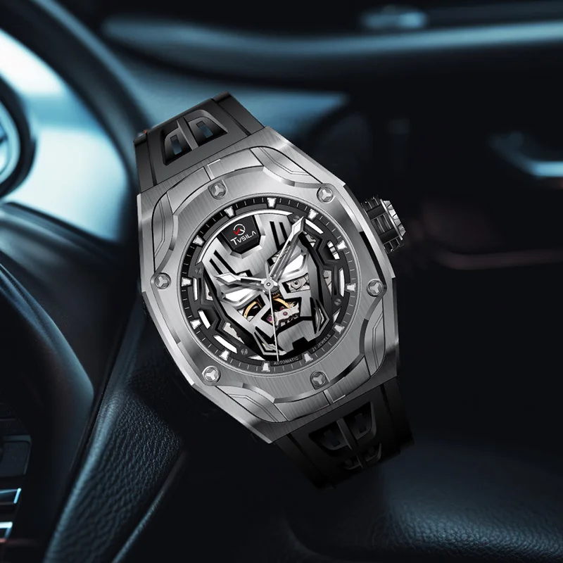 

TVSILA Original Miyota Men's Automatic Mechanical Watch Stainless Steel Case Silicone Band Skeleton Waterproof Sport Wristwatch