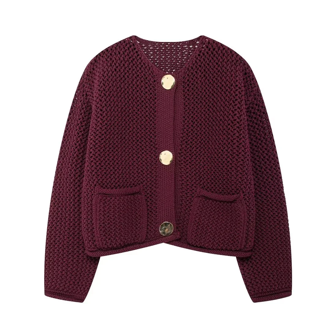 Tangada 2024 Autumn Women Red Crop Cardigan Sweaters Buttons Long Sleeve Female Jumper BE0181