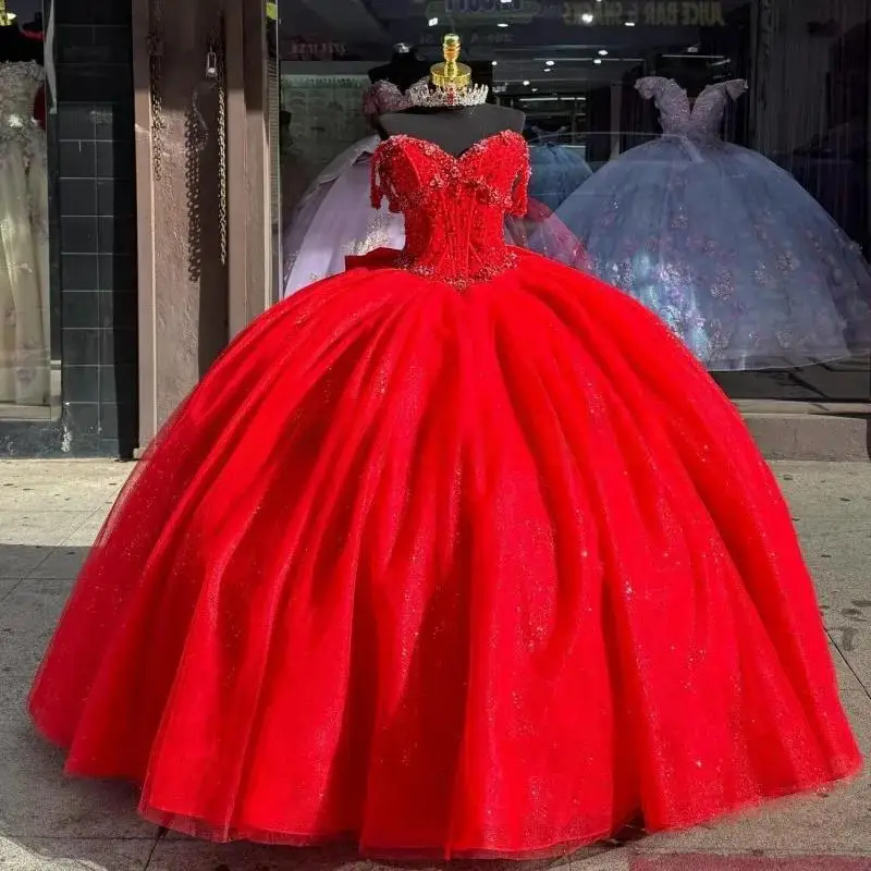 Red Quinceanera Dresses Ball Gown Princess Birthday Gown Applique Lace Beads Tulle Sweet 16 Dresses Customized