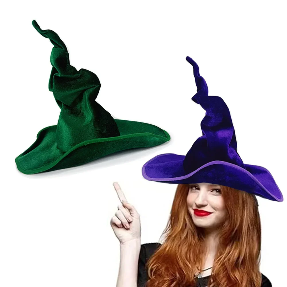 Sombrero de bruja de Halloween de terciopelo para mujer, suave, Retro, negro, plisado retorcido, vestido de carnaval, accesorios de disfraces de fiesta Cosplay