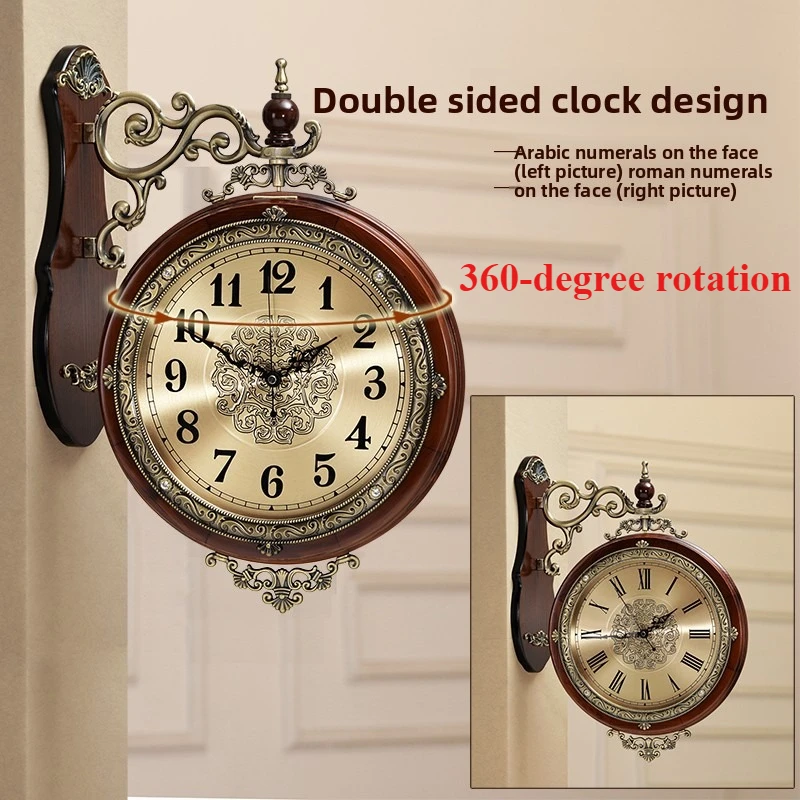 Genuine 20-inch American European Clocks Living Room Solid Wood Double-sided Wall Quartz Clock, JP Lisheng Silent Movement
