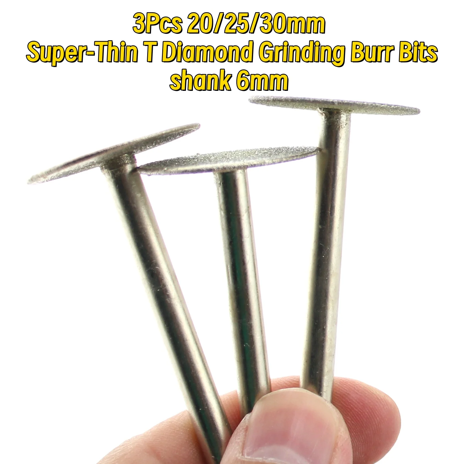 3Pcs 20 25 30mm Super-Thin T Diamond Grinding Burr Bits Rotary Tool for Jewelry Glass Stone Metal Carving Lapidary 6mm Shank