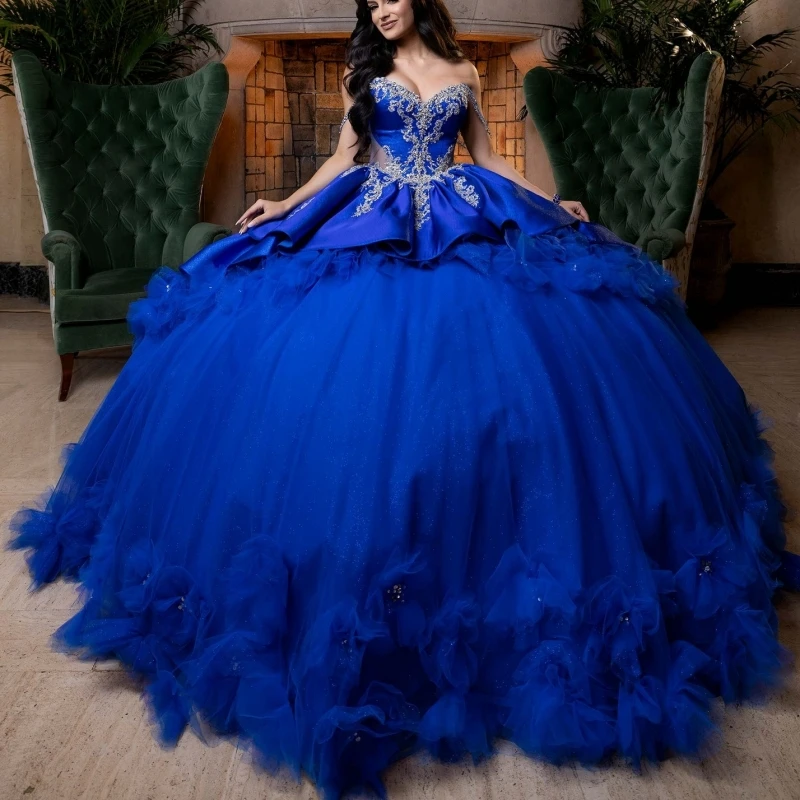 

Королевское синее блестящее платье Quinceanera, бальное платье с открытыми плечами, аппликация, кружево, бисер, хрустальный бант, многоуровневый тюль, корсет для вечеринки