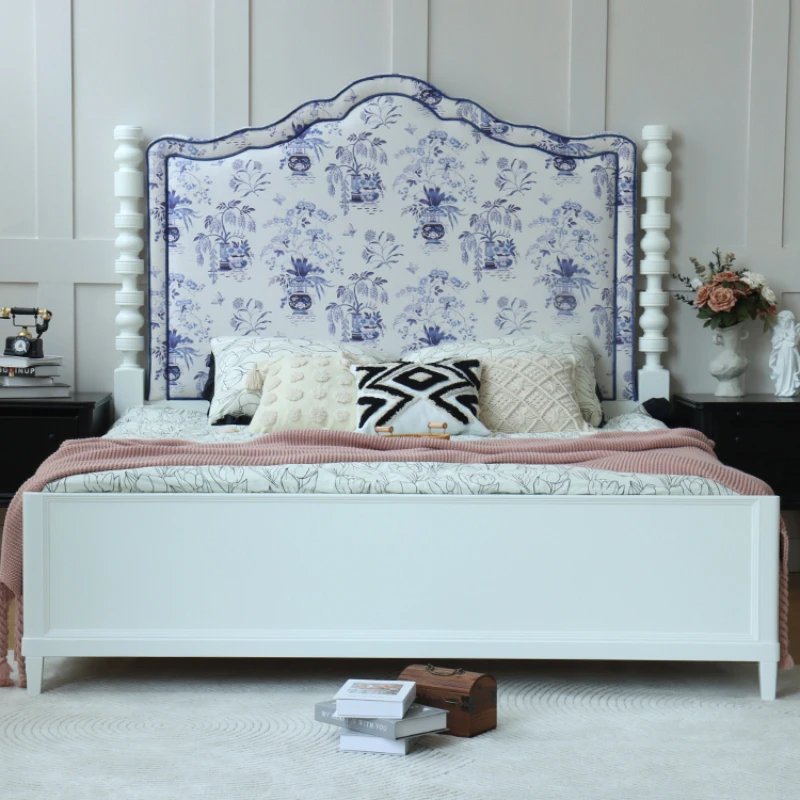 Blue and white porcelain solid wood bed, new Chinese style double bed, retro style princess, 1.8m master bedroom, king, villa