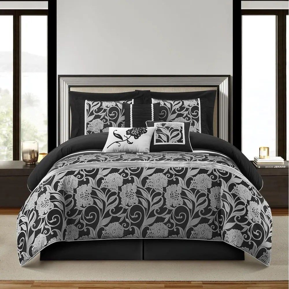 Black Sliver Comorter Set King Size, 7 Piece loral Bedding Set, All Season, Ultra-Sot, Matching Pillows & Shams, Bed Skirt