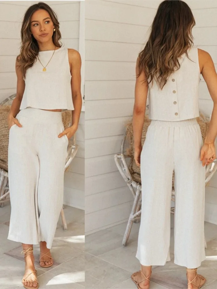 Summer Solid Top Shirt 2 Piece Set Women Fashion O Neck Sleeveless Casual Office Party Sets New 2024 Female Clothing