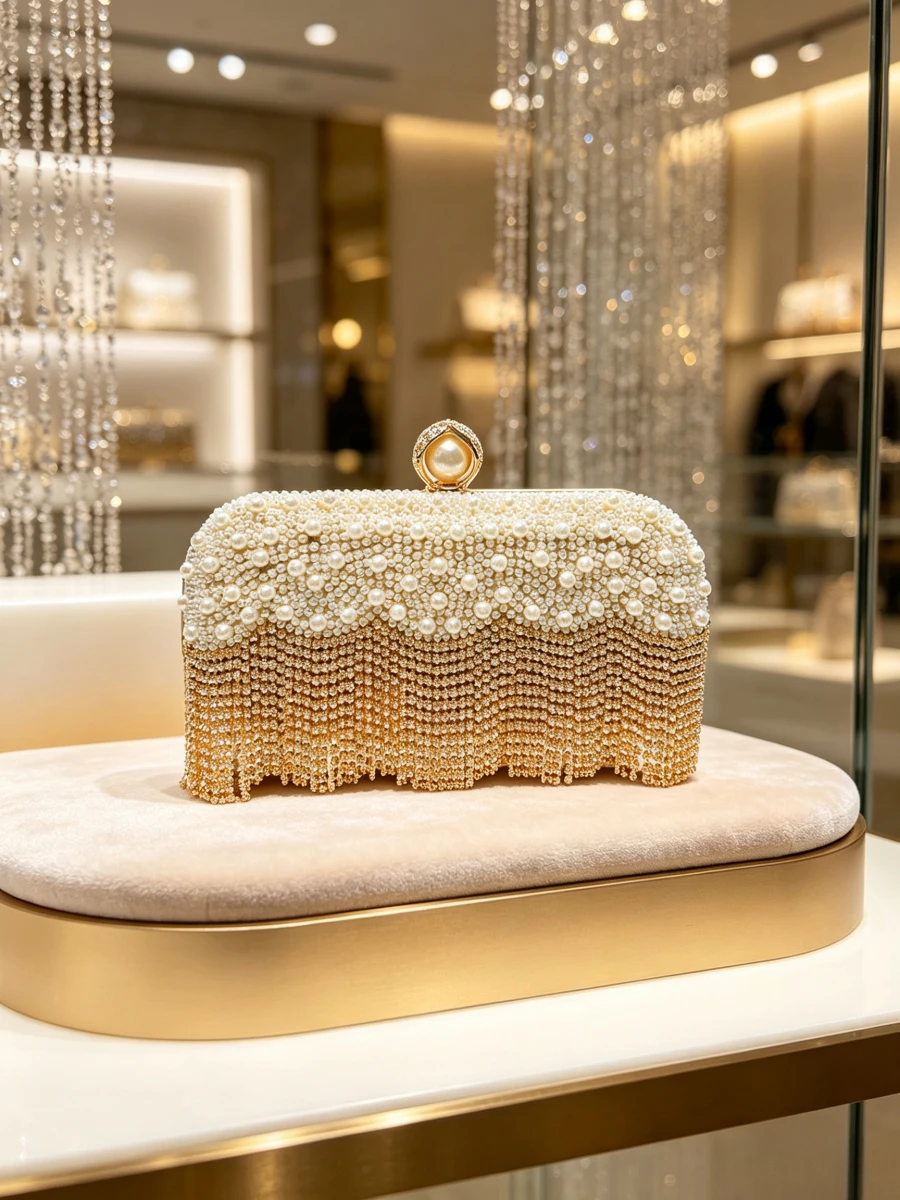 White Gradient Pearl Rhinestone Fringe Clutch Bag Pearl Diamond Closure Rectangle Evening Handbag Luxury Wedding Purse Ladies