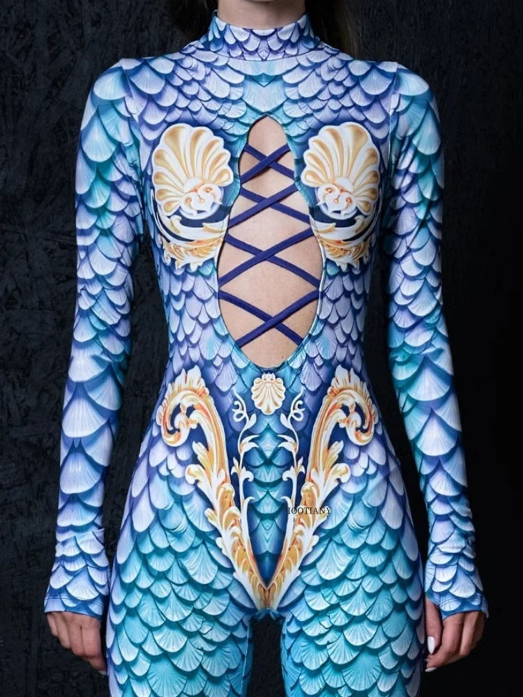 

Новый боди с принтом русалки на Хэллоуин для девочек, костюм полной длины, боди с длинными рукавами, киберпанк, паровое боди, маскарад