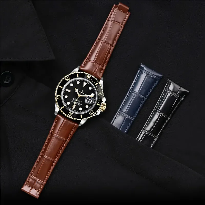 حزام من الجلد الطبيعي لشبح الماء رولكس لـ Daytona Submariner GMT للرجال مقاوم للماء بإبزيم قابل للطي سوار ساعة 20 ملم