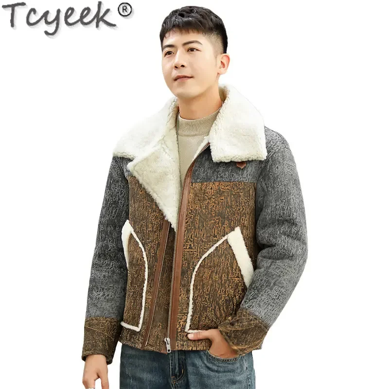 Tcyeek-jaquetas de couro genuínas masculinas, casacos de pele reais, roupas masculinas de lapela, casaco natural de pele de carneiro, moda curta, inverno, 2023