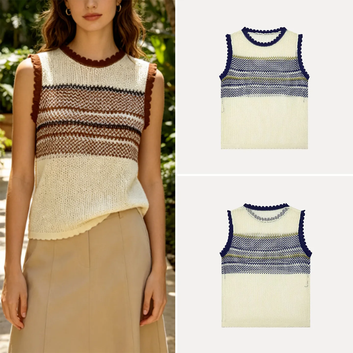 Summer 2026 Women's Knitted Color Block Tank Top Slimming Sleeveless Vest Versatile Personality Matching ZADATA Outerwear