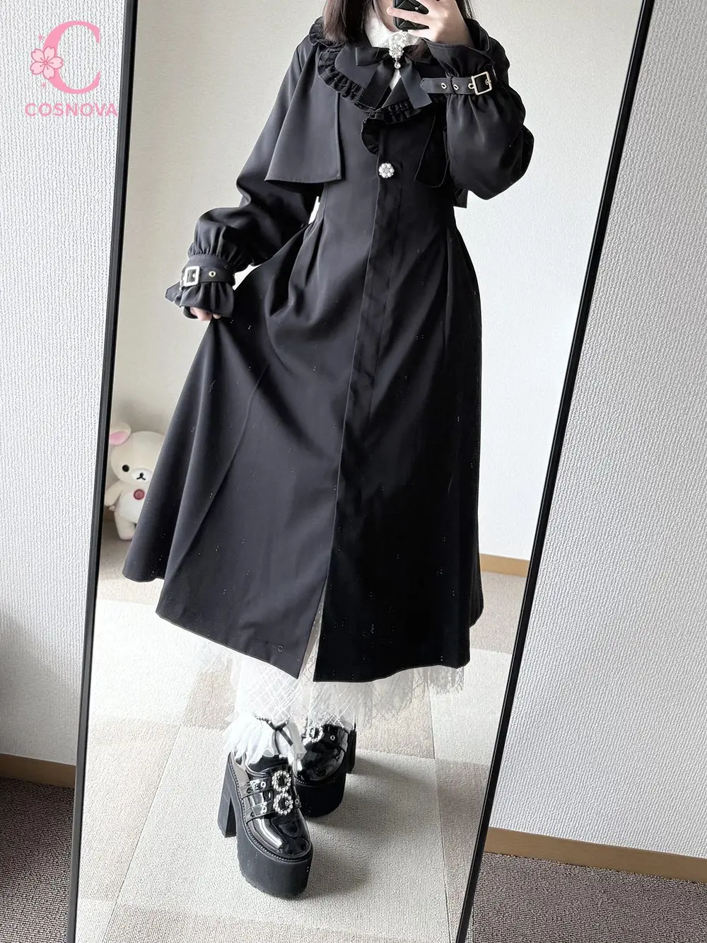 Japanese Vintage Gothic Lolita Harajuku Women Black Trench Coat Tie Waist Ruffle Lace Trim Buckle Autumn Campus Outfit 2026
