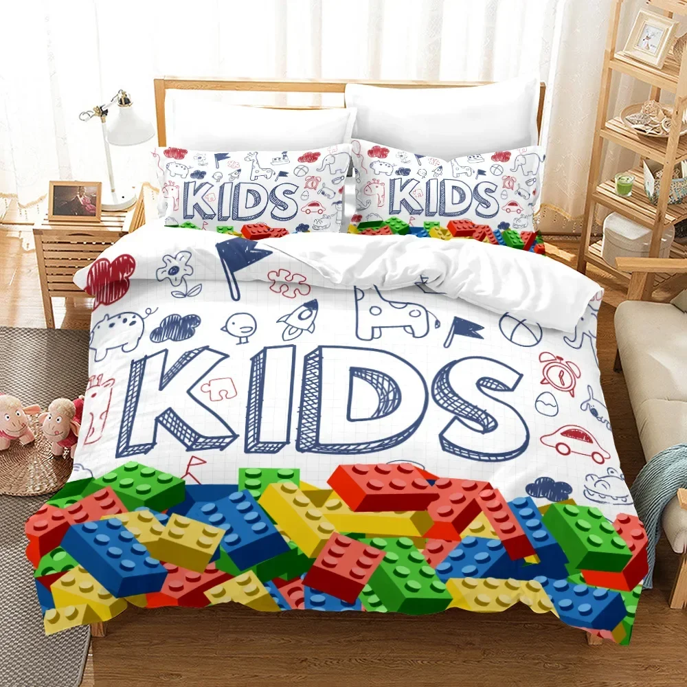 Colorful Blocks Duvet Cover King/Queen Size,Building Toy Bedding Set Kids Boys Girls Orange Blue Fun Brick Polyester Quilt Cover