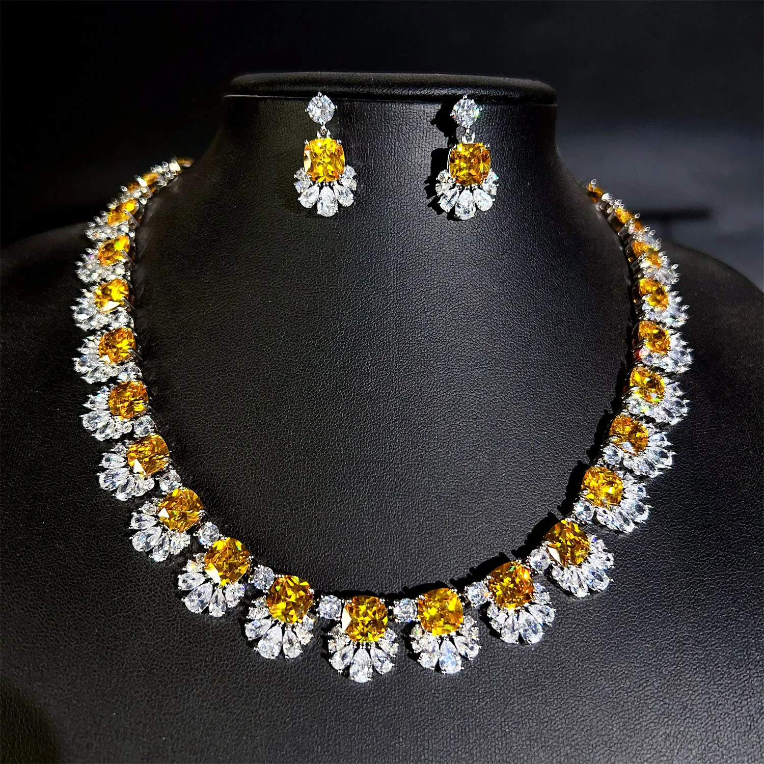 HIBRIDE Classic Summer Versatile Yellow Translucent Flower Zirconia Necklace Earrings Jewellery Set Party Wedding Event S-701