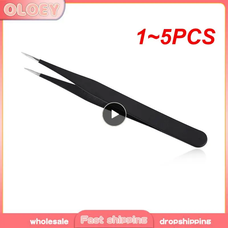 1~5PCS Stainless Steel Black Curved Straight Eyebrow Tweezers Anti Acid Nipper Rhinestone Picking Tool False Eyelash Nail Art