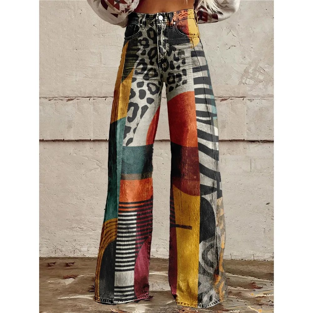 Colorful Leopard Print Wide Leg Pants Women High Waisted Festival Pants Animal Pattern Party Trousers Punk Hip Hop Streetwear