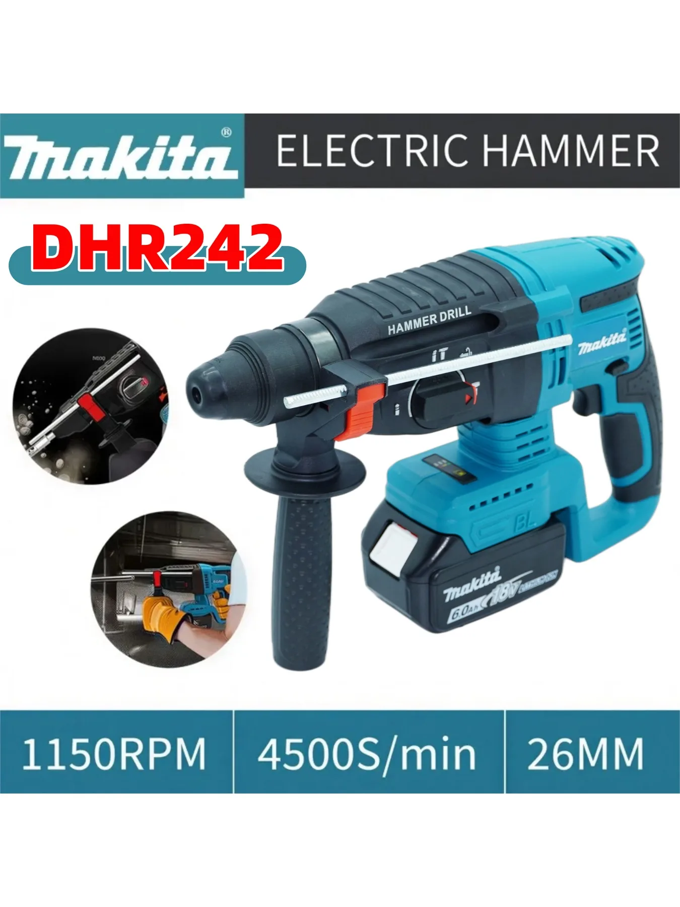 ? Originele Makita DHR242 18V Borstelloze Accu-Boorhamer 26mm Beton 4500S/min 3-Modus Zwaar Professioneel ? - afbeelding 2