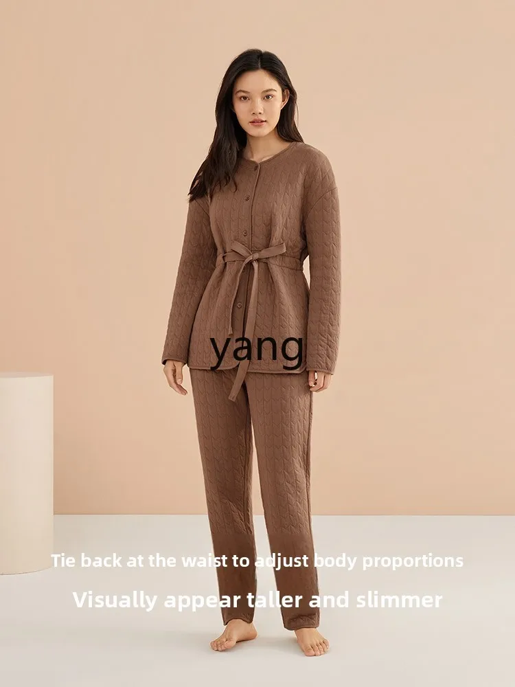 LMM cotton knitted round neck pure cotton long sleeve lace-up pajamas cotton suit women