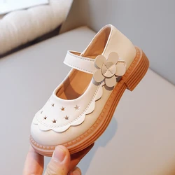 Hollow Girls Leather Shoes 3-15 Years Old Beige Breathable Flowers Girls Single Shoes Pink Soft Non-slip Children Baby Sandals