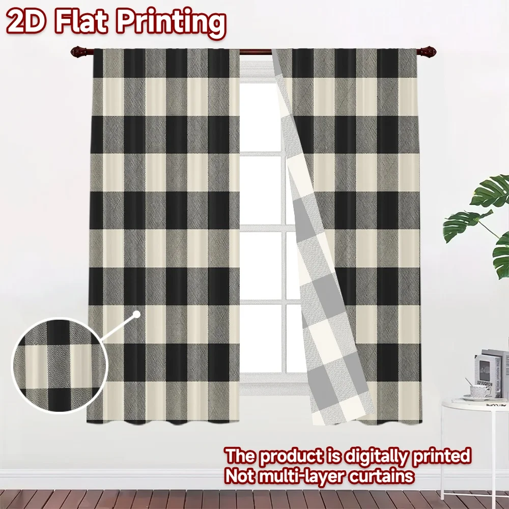 2D FLAT PRINTING 2pcs Curtains (Without Rod) Black and White Checks Modern Curtains Digital Printed Durable Polyester Curtains