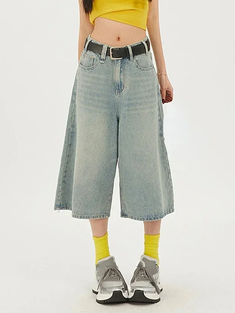 Korean Streetwear High Waisted Versatile Women's Straight Cropped Shorts Summer New American Retro Loose Women Wide Leg Jeans
