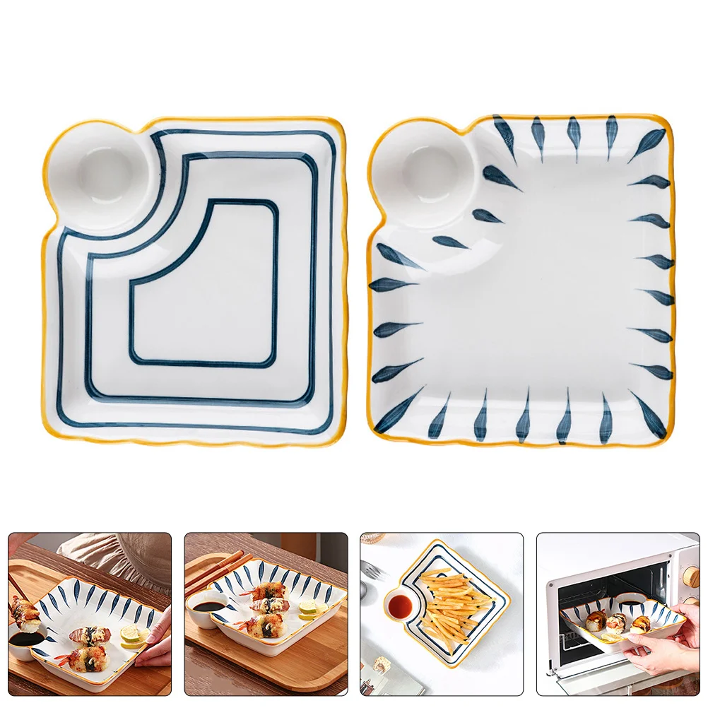 

2Pcs Dumpling Plate Ceramic Food Serving Plate Sauce Compartment Sushi Platter Dishwasher Safe Multipurpose Dinner Dish