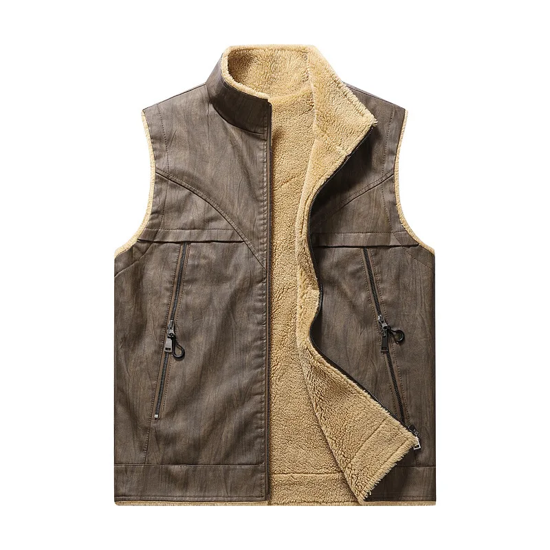 

Man Leather Vest Autumn Winter Fashion Thicken Warm Stand Collar Male Waistcoat Sleeveless Zipper Casual Versatile Men Coat
