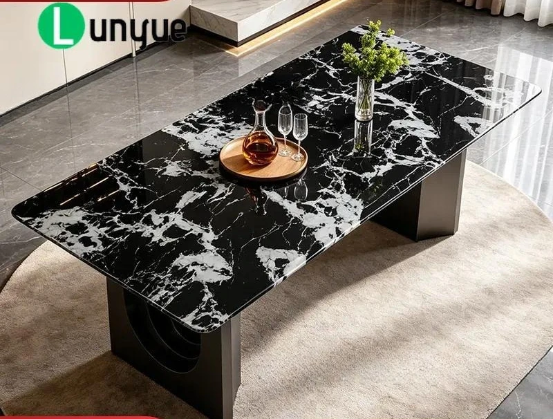 Italian Minimalist Rectangular Marble Dining Table Black Titanium Stainless Steel Base Designer Modern Household Furniture