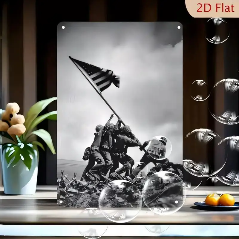Black & White Iwo Jima Flag Raising Metal Tin Sign - Vintage WWII Soldiers Scene Wall Art, Iron Material, Perfect for Home, Bar