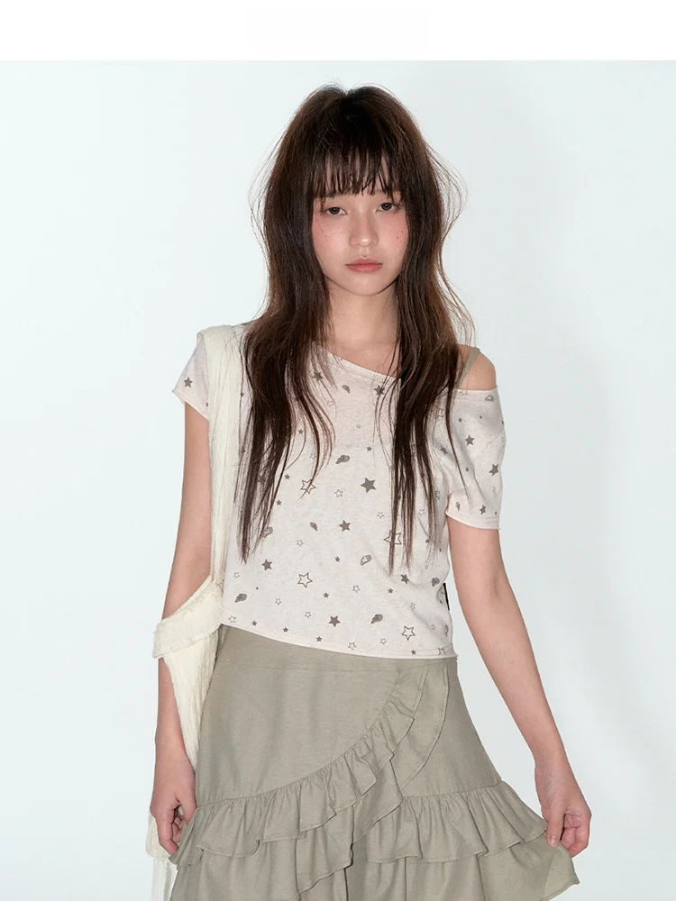 

TAKEANAP Original Star Print Loose ort Sve T-irt Women's Summer New Small Size Oblique oulder ort Top Street Sle...