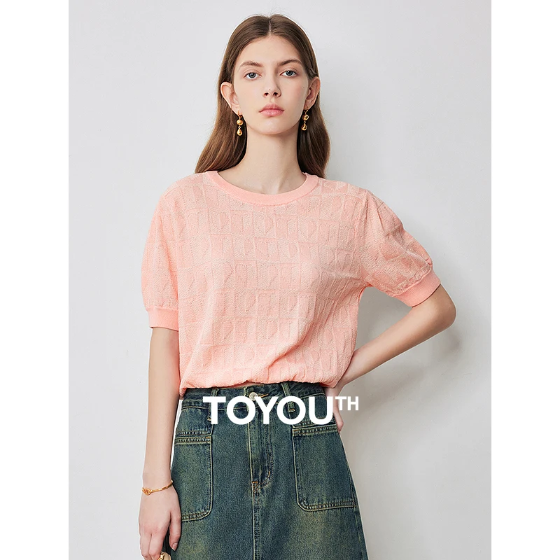 

TOYOUTH Women Knitwear 2024 Summer New Cool Feeling Jacquard Short Sleeve Heart-shaped Fashion Tops