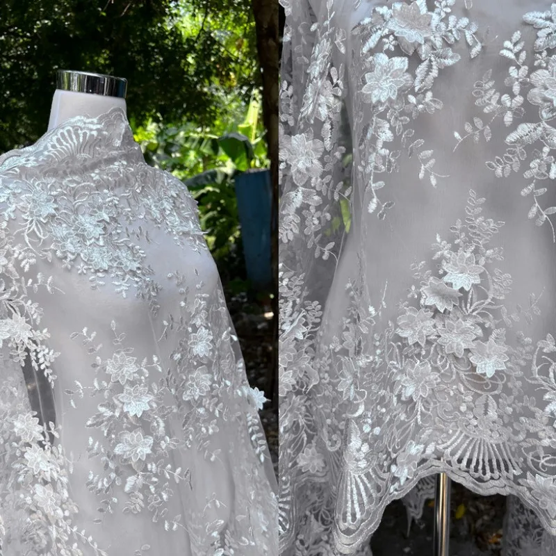 

Heavy Embroidery Lace 3D Floral Fabric Off White Dress Gown Qipao Couture High End Soft Wedding Home Decoration Fabric