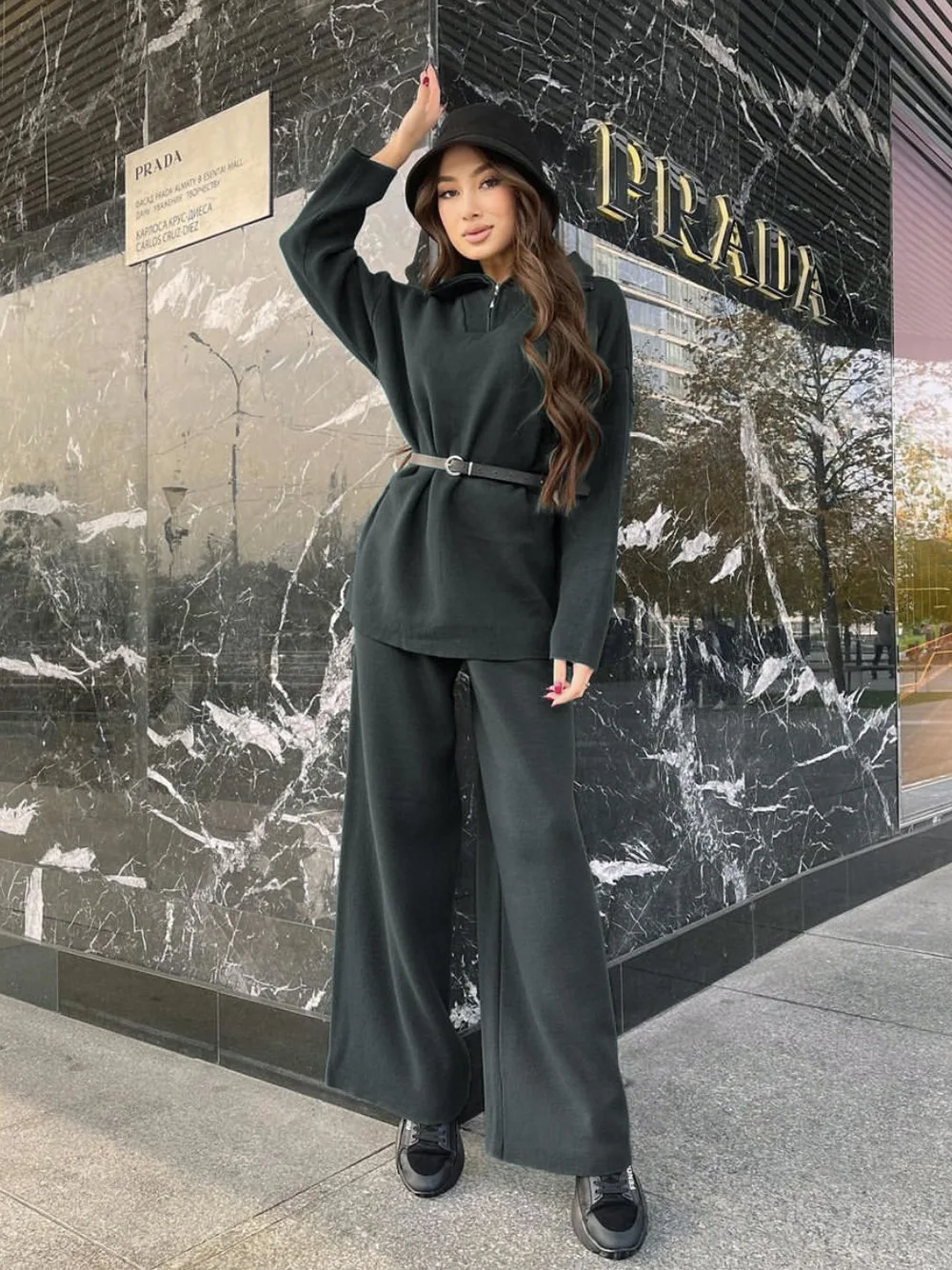 Wixra Women Sets Solid Autumn Winter Zipper Collar Pullover Sweater+High Waist Trousers Knitwear Elegant Female Suits