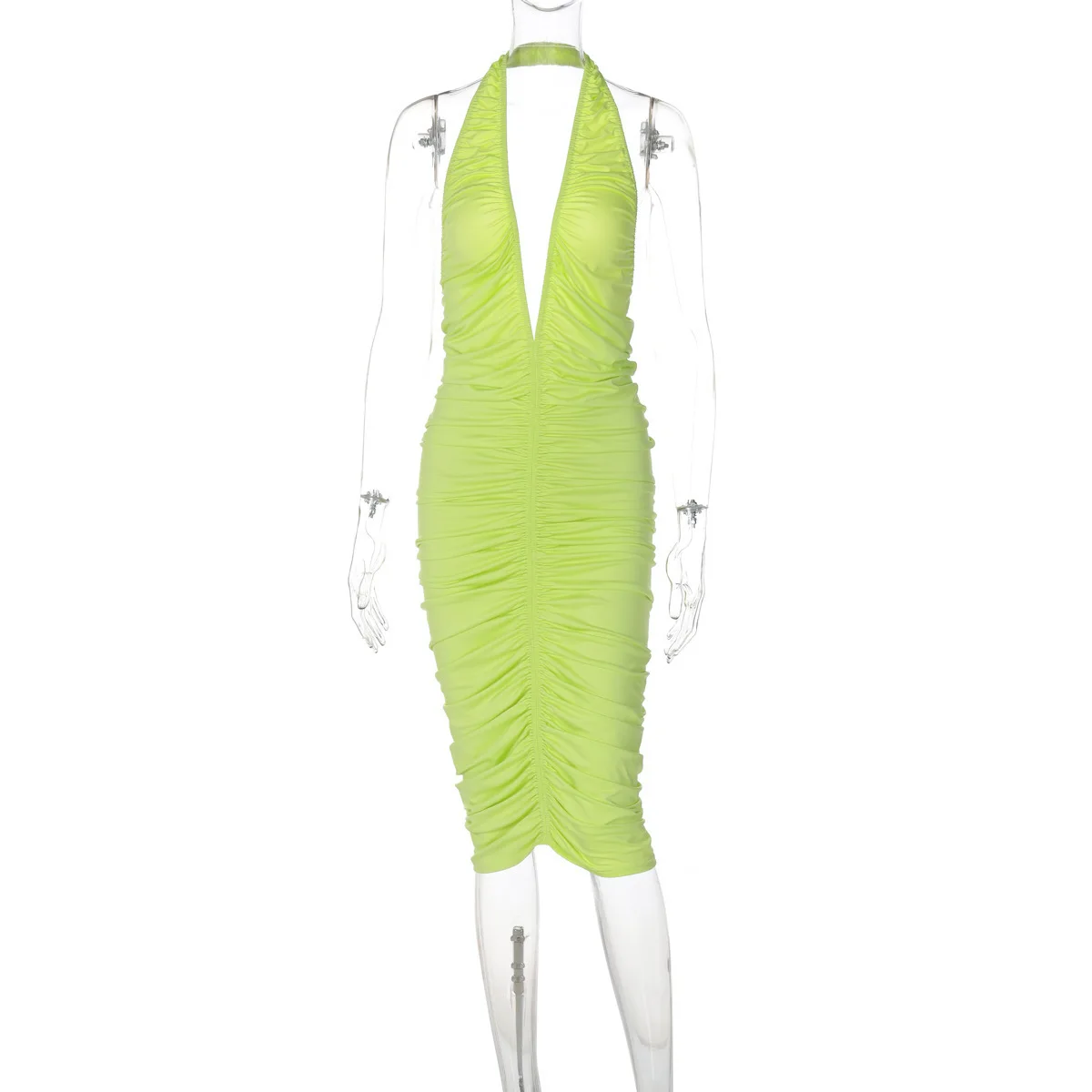 나이트클럽 섹시 스타일 시원한 여름 여성 의류 신상 고급스럽고 우아한 백리스 브이넥 시스루 핫걸 드레스