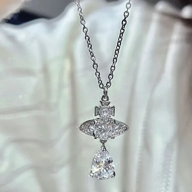 Lxx Versa Vivien Saturno Collar Imperatriz Madre Sirena Lágrimas Collar con Colgante de Diamantes Completo Cadena de Clavícula para Mujer