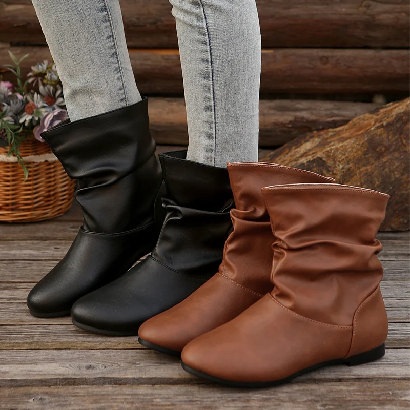 

Pleated Design Slip-on Western Boots Woman Autumn Brown Black Pu Leather Ankle Booties Ladies Casual Round Toe Flat Botas