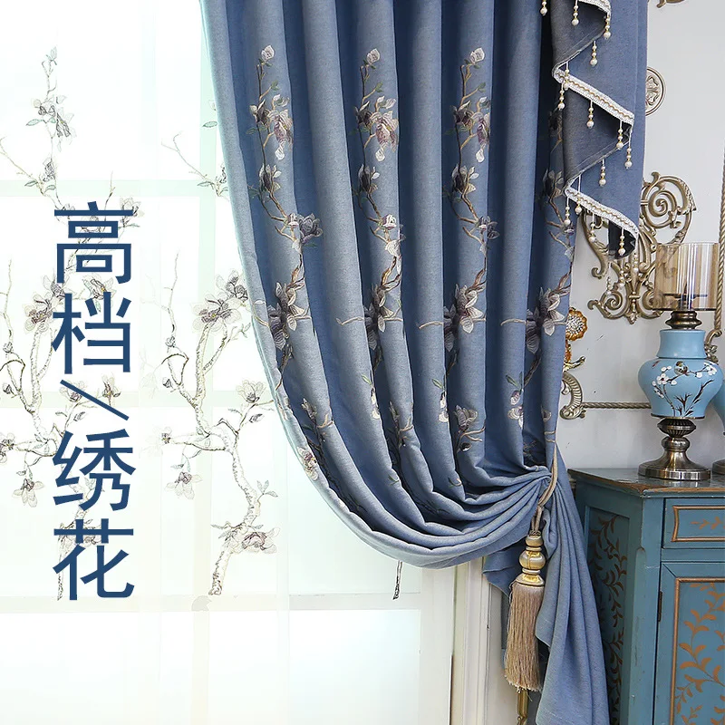 Indigo Peony High-end Luxury European Style Curtains Blackout Embroidered Curtain for Living Dining Room Bedroom Head Villa Home