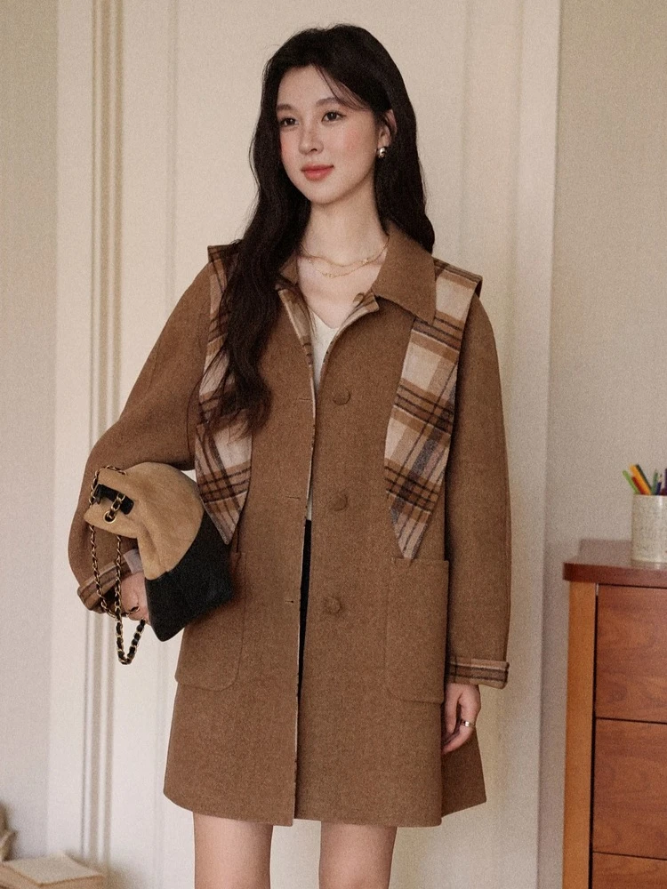 

ALXNAN двустороннее шерстяное пальто, осеннее клетчатое пальто с цветными блоками и карманами на пуговицах, верхняя одежда, утолщенная универсальная куртка средней длины L58053