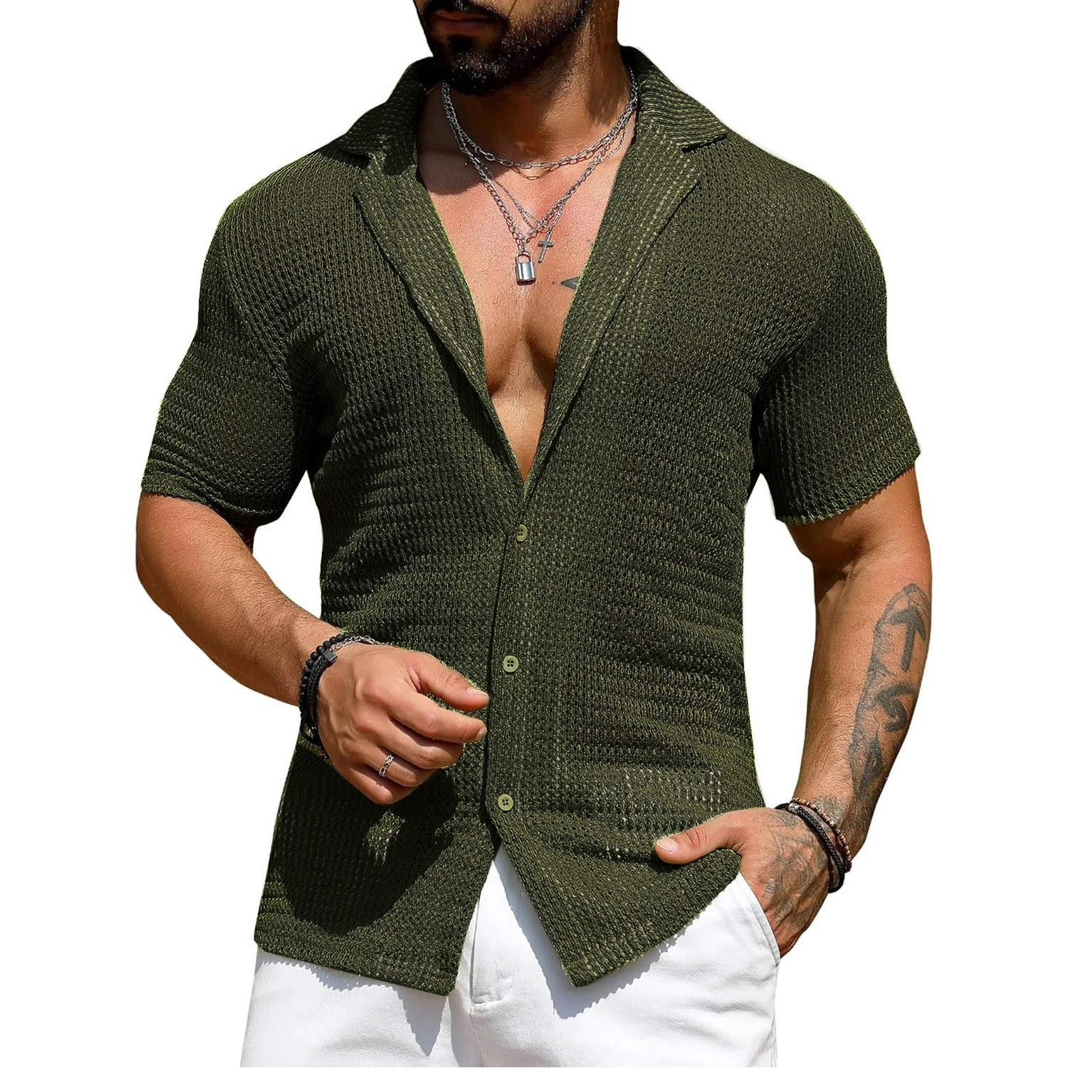 Camisa informal de manga corta para hombre, cárdigan transpirable de Color sólido, Top de punto, moda de verano, europeo y americano, novedad de 2024