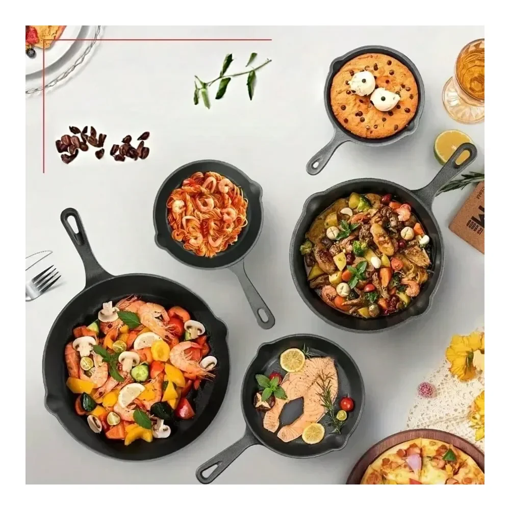 

5Piece Professional Cast Iron Cookware Set 12 10 8 6 Grill Pan, PreSeasoned Black Finish, Even Heat Distribution For Steak, Piz