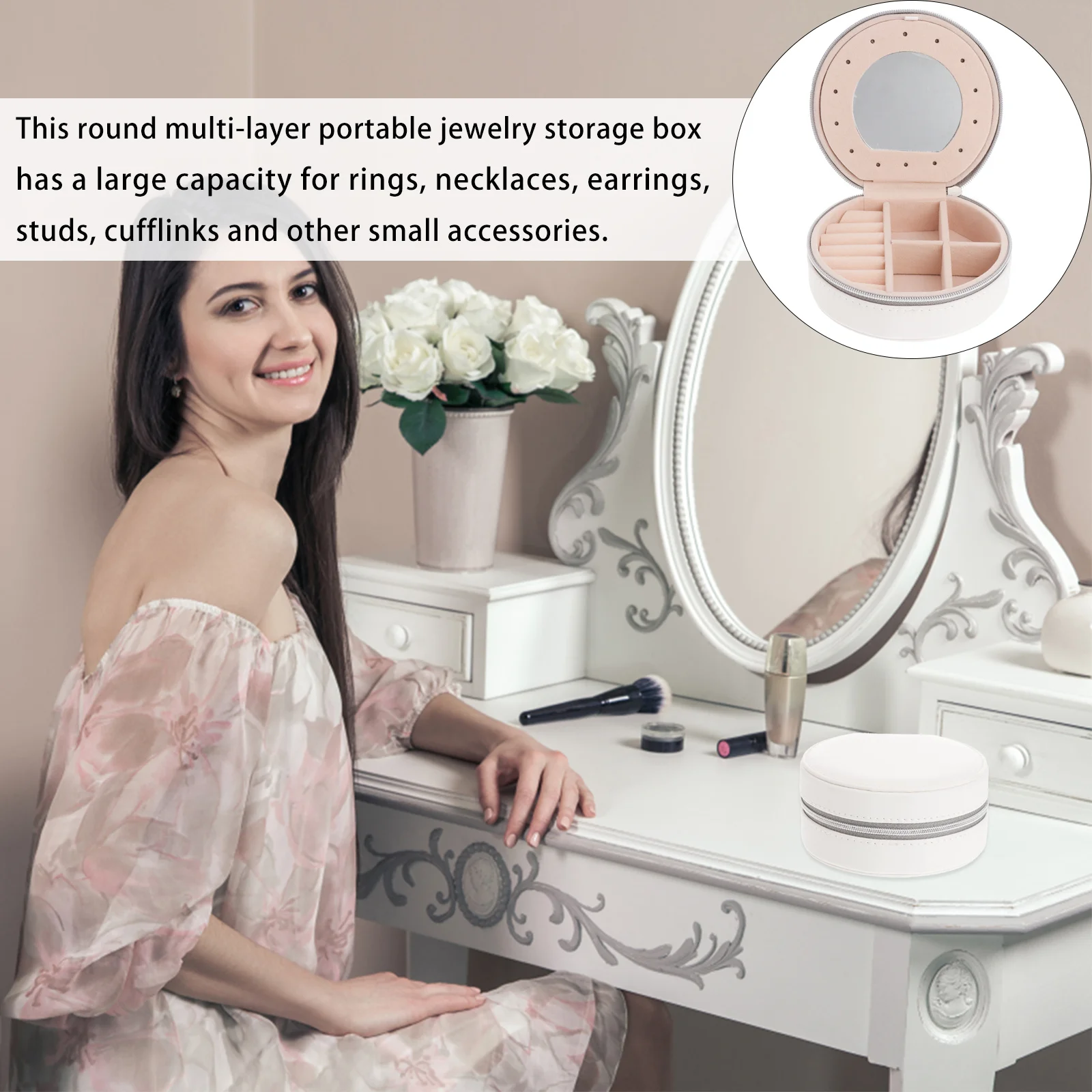 PU Round Jewelry Organizer Small Compact Travel Case Multi-Layer Jewelry Storage Box Earrings Necklace Box