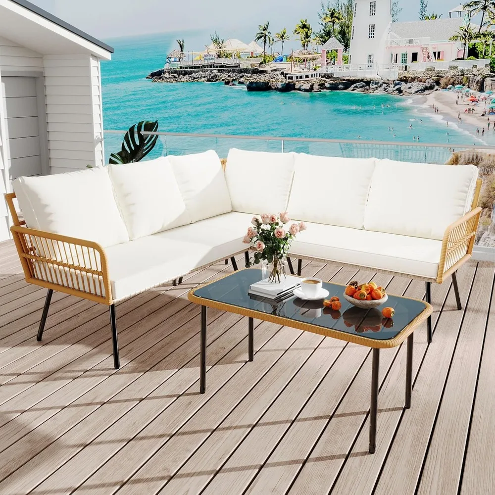 

4 Pieces Patio Furniture Sets Wicker Outdoor Sectional L-Shaped with Cushions & Side Table and Chairs Set, Boho Rattan 5 Seater