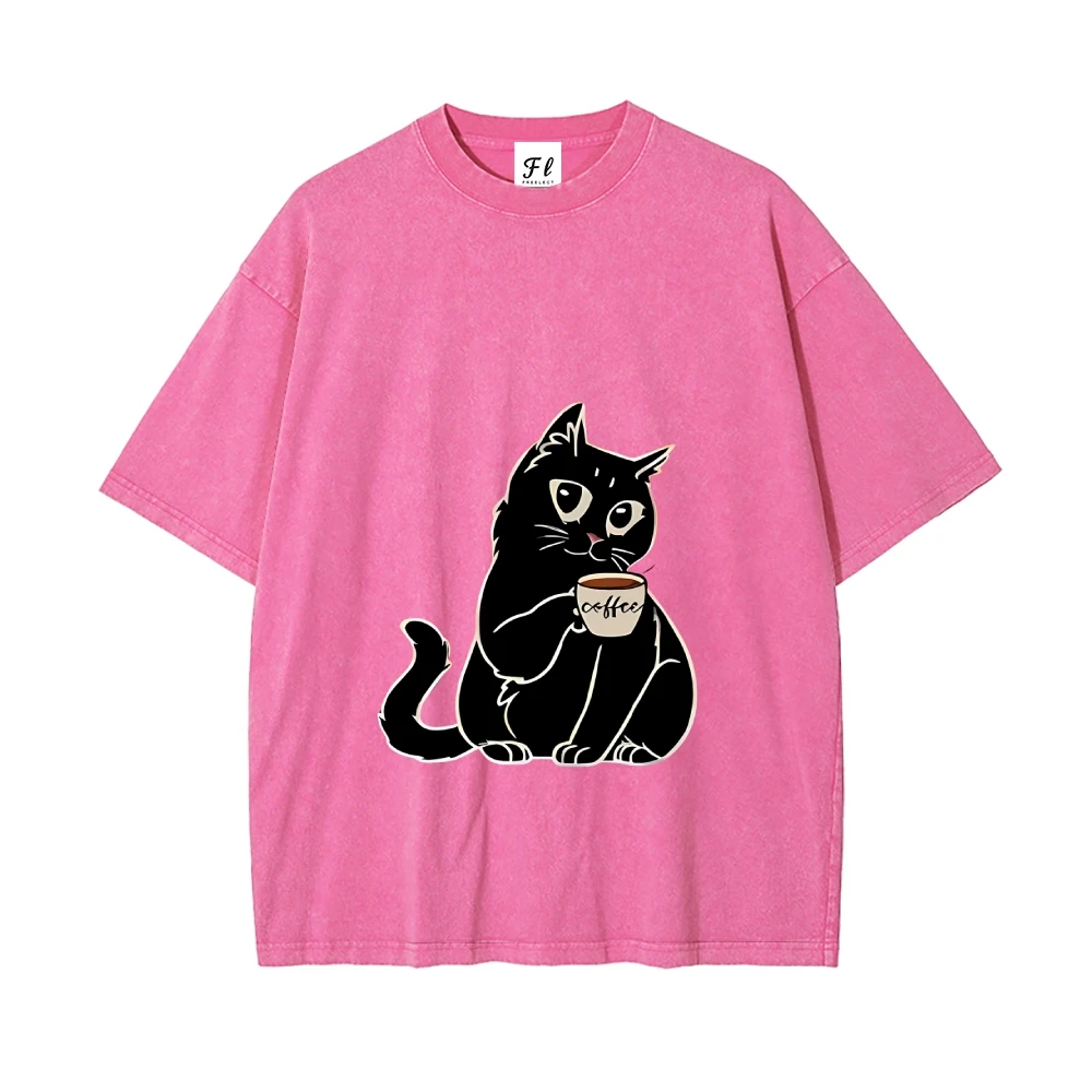 T-shirt gatto Cartoon T-shirt grafiche a maniche corte Donna lavata girocollo Camicette da donna Offerte