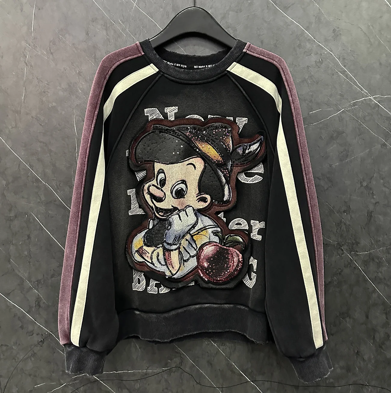 Street Style Sequin Print Cartoon Crew Neck Fleece Sweatshirts Women 2024 Autumn and Winter New Loose Fashion Color Matching Top